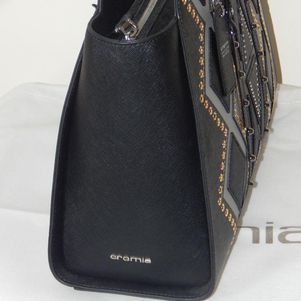 CROMIA Saffiano Leather Black Studded Structured Satchel Shoulder Bag ITALY NWT - Picture 4 of 6
